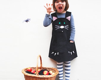 Girls dress black cat Halloween pinafore dress costume