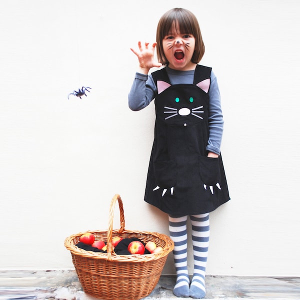 Girls dress black cat Halloween pinafore dress costume