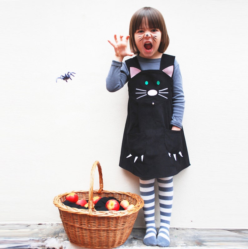 Girls dress black cat Halloween pinafore dress costume image 1