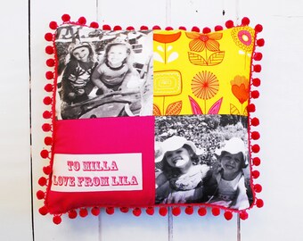 Personalised photo memory pom pom cushion , Instagram photo keepsake gift , Best Friend