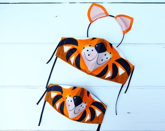 Tiger face mask , kids family face mask, animal character, cotton face covering