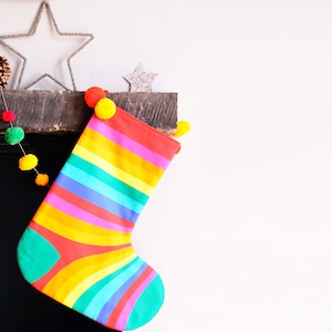 Rainbow stripe Christmas Santa stocking , rainbow lovers kitsch giant stripe sock festive holiday hanging image 1