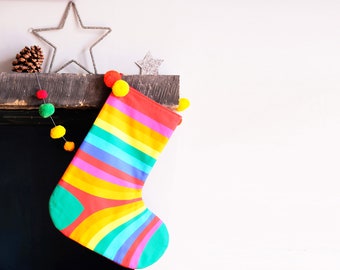 Rainbow stripe Christmas Santa stocking , rainbow lovers kitsch giant stripe sock festive holiday hanging