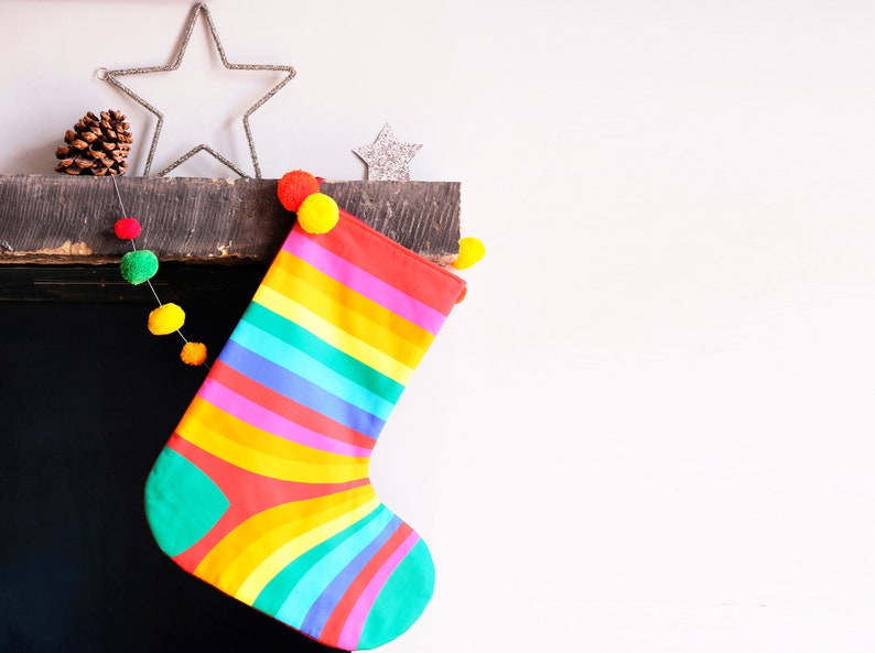 Rainbow stripe Christmas Santa stocking , rainbow lovers kitsch giant stripe sock festive holiday hanging image 1