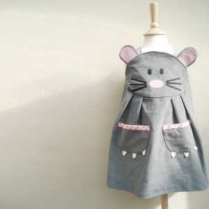 Girls mouse animal dungaree dress handmade in the UK in grey corduroy image 4