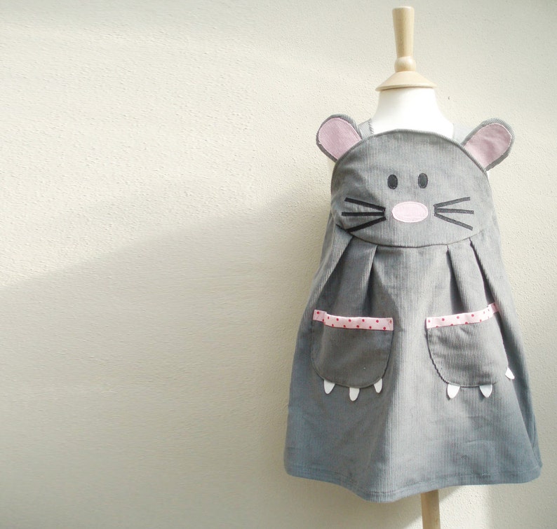 Girls mouse animal dungaree dress handmade in the UK in grey corduroy image 4