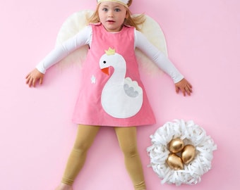 swan princess fairytale glitter pinafore dress in pink cord for little girls and babies