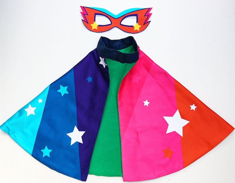 Personalised Kids Superhero Rainbow Cape and mask set, superstar super girl boy, superhero dress up cape set, add power cuffs image 4