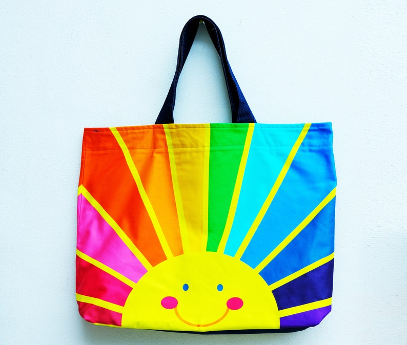 Oversized bag holdall , happy face, sunrise, rainbow of hope , spectrum print. image 5
