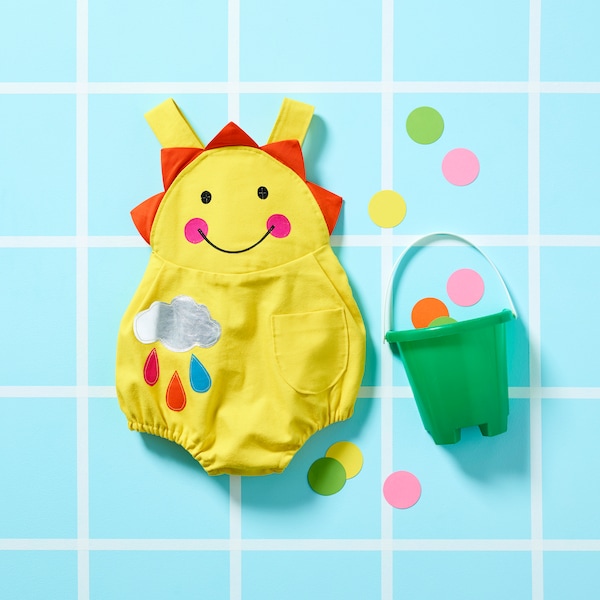 Sunshine yellow baby emoji romper with happy sunshine face , toddler shortall