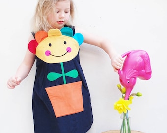 Flower pot girls dress with happy face, girls pinafore dress