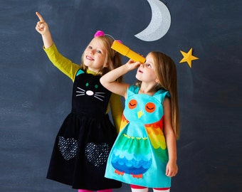 Owl Dress for girls babies in aqua rainbow