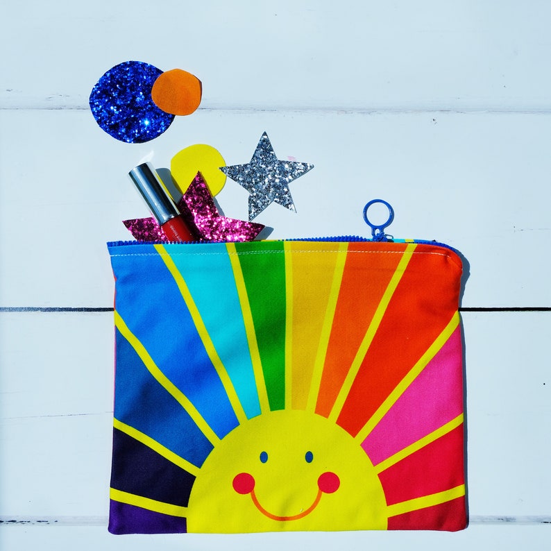 Oversized bag holdall , happy face, sunrise, rainbow of hope , spectrum print. sunrise happy pouch