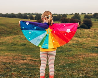 Gepersonaliseerde Kids Superhero Rainbow Cape en masker set, superster super meisje jongen, superheld aankleden cape set, power manchetten toevoegen