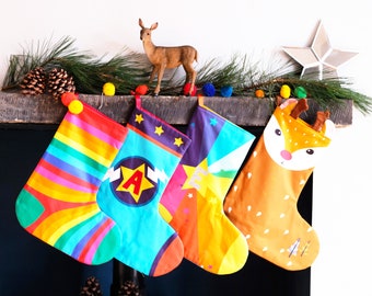 Personalised Christmas Stocking, Santa, rainbow sock, reindeer, superhero, family holiday stocking set