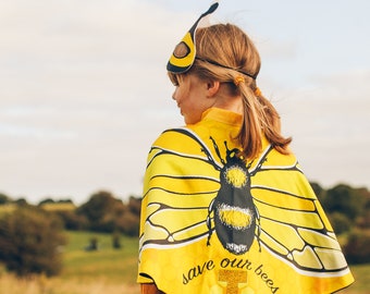 Honey Bee dress up hero cape with bee friendly wildflower seed gift set. Personalised. Save our bees