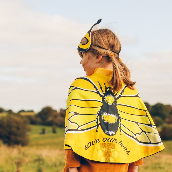 Honey Bee dress up hero cape with bee friendly wildflower seed gift set. Personalised. Save our bees