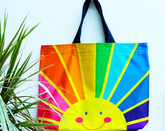 Oversized bag holdall , happy face, sunrise, rainbow of hope , spectrum print.