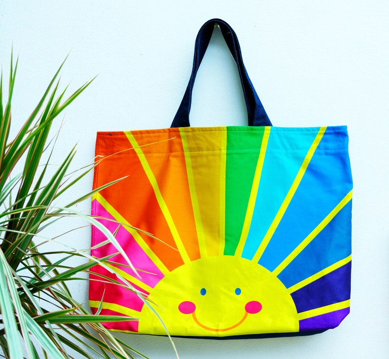 Oversized bag holdall , happy face, sunrise, rainbow of hope , spectrum print. image 1