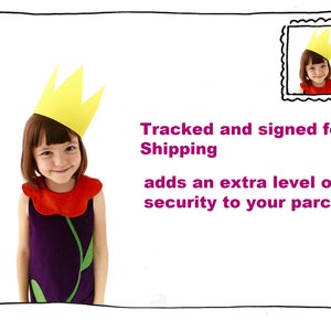May include: A young girl wearing a yellow paper crown and a purple dress with a red flower design. The text "Tracked and signed for Shipping adds an extra level of security to your parcel." is printed below the image.