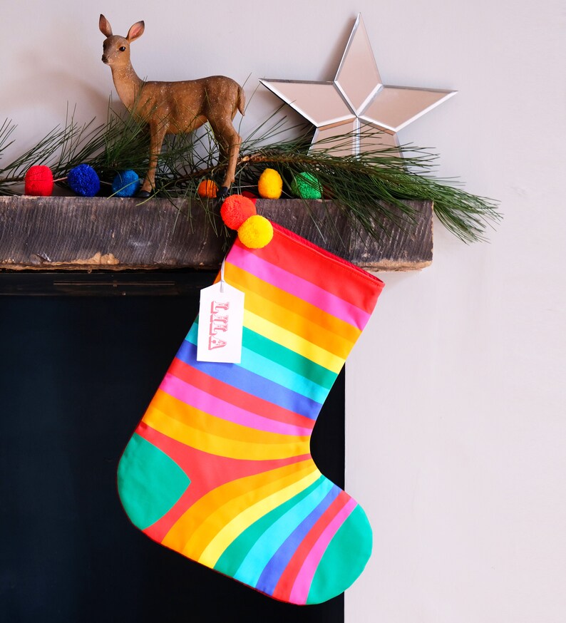 Rainbow stripe Christmas Santa stocking , rainbow lovers kitsch giant stripe sock festive holiday hanging image 2