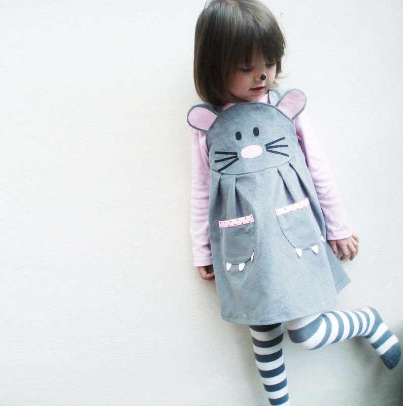 Girls mouse animal dungaree dress handmade in the UK in grey corduroy image 3