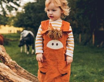 Highland cow, coo, ox, girls  pinafore dress