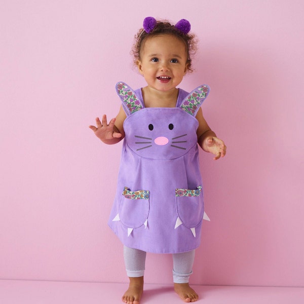 Girls Bunny play dress in soft lavender cord with liberty print ears