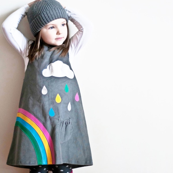 girls dress rainbow raindrops cloud grey pinafore