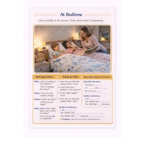 May include: A printed educational worksheet titled "At Bedtime" features a photograph of a mother reading to two children in bed. The worksheet includes questions and prompts for critical thinking and sentence building.