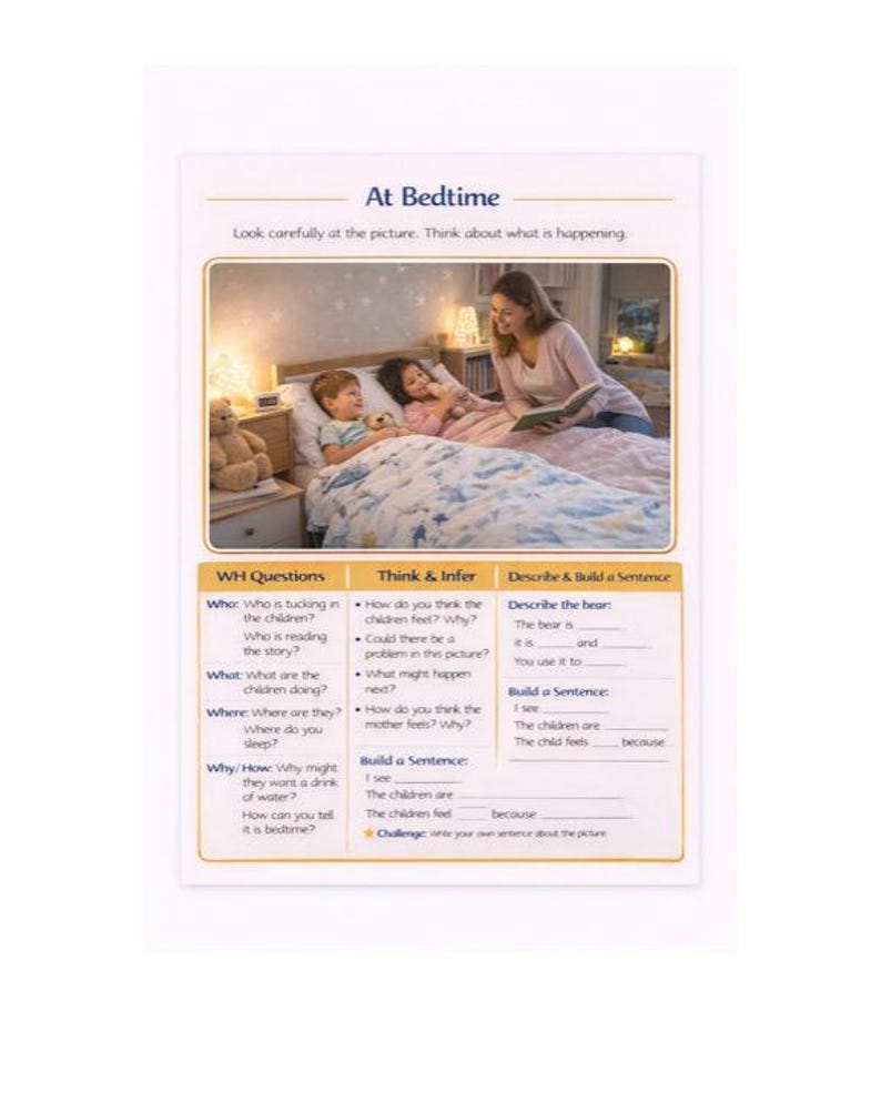 May include: A printed educational worksheet titled "At Bedtime" features a photograph of a mother reading to two children in bed. The worksheet includes questions and prompts for critical thinking and sentence building.