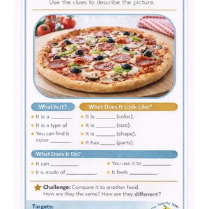 May include: A flash card with the title "DESCRIBE IT!" features a pizza with pepperoni, olives, green peppers, and mushrooms. The card includes prompts for describing the pizza's color, size, shape, and parts, and prompts for what it can do and what it is made of.