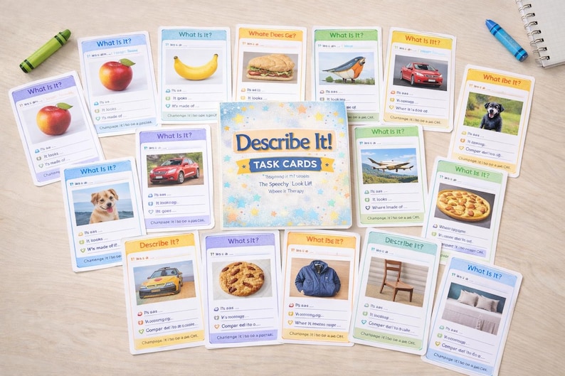 May include: A collection of "Describe It!" task cards, featuring images of various objects like a red apple, a car, a dog, and a pizza. The cards are arranged around a central box with the game's title.