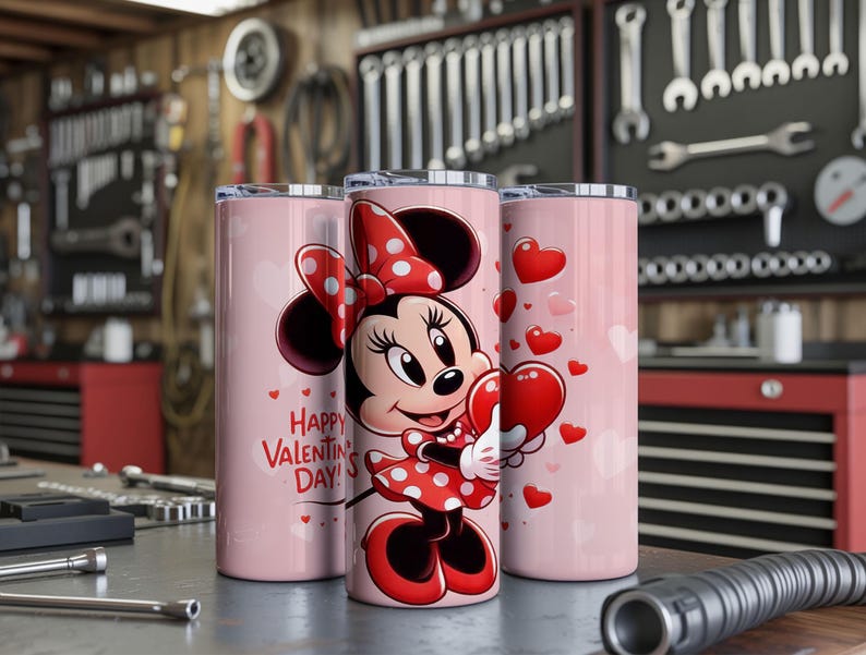 Op de afbeelding: Drie roze ge&iuml;soleerde bekers met Minnie Mouse die een hartvormige ballon vasthoudt. De bekers hebben een rood-witte polkadot strik en jurk. De tekst "Happy Valentine's Day!" is afgedrukt.