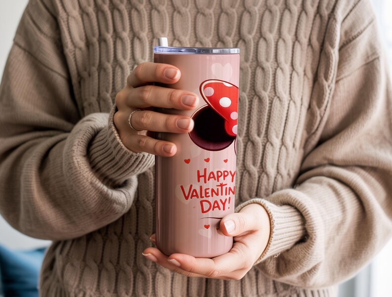 Op de afbeelding: Een roze ge&iuml;soleerde beker met een rood-wit stippen strik ontwerp en de woorden "Happy Valentine's Day!" in het rood. De beker heeft een zilveren deksel en een wit rietje.