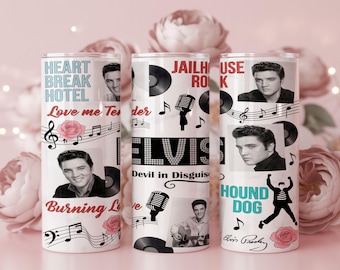 Adesivo per bicchiere termico Elvis Presley da 20 oz in formato PNG / Design per sublimazione per bicchiere termico skinny stile rock and roll retrò / Download digitale