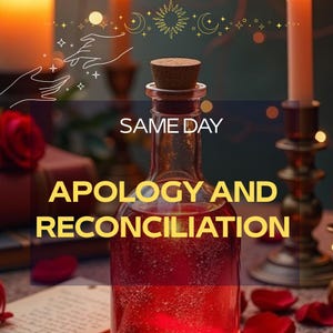 May include: A glass bottle with a cork stopper, filled with a red liquid, is the focal point. The text "SAME DAY APOLOGY AND RECONCILIATION" is displayed in yellow. The background includes candles and floral elements.