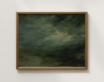 Moody Forest Landscape Oil Painting | Dark Emerald Green Nature Wall Art | Stormy Sky Print | Romanticism Decor | Digital Download