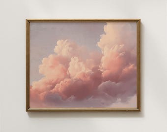 Marzycielski różowy wydruk artystyczny z chmurą | Obraz z zachodem słońca w stylu vintage | Pastelowa dekoracja ścienna do pokoju dziecięcego | Romantyczna sztuka nad łóżkiem w sypialni | Wydruk z kokieterią