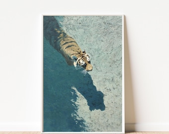Swimming Tiger Oil Painting Print | Blue Water Animal Art | Maximalist Bathroom Decor | Eclectic Wild Cat Poster | Digital Download