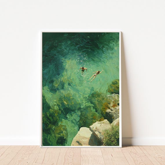 Swimming in Green Abstract Print, Vintage Retro Wall Art, Minimalist Summer Holiday Decor, Digital Art Gift, Ocean Oil Painting Download