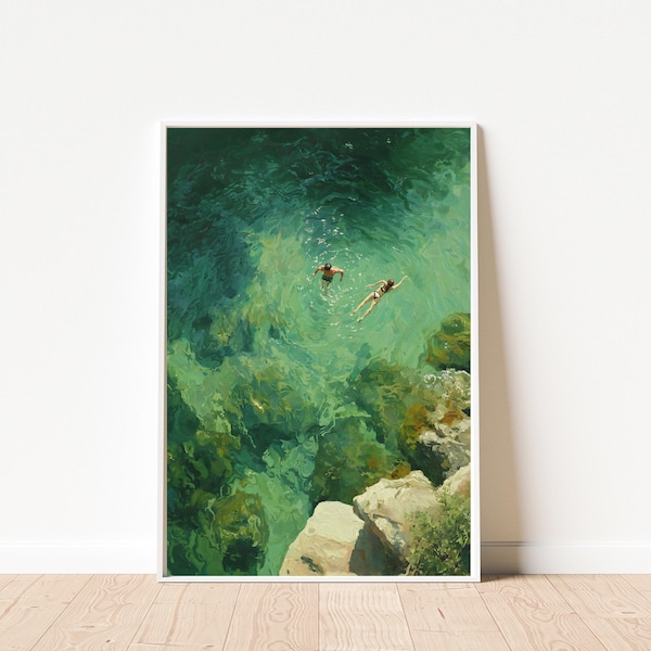 Swimming in Green Abstract Print, Vintage Retro Wall Art, Minimalist Summer Holiday Decor, Digital Art Gift, Ocean Oil Painting Download