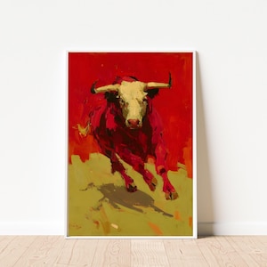 Running Bull Oil Painting Print | Red Spanish Wall Art | Vintage Matador Decor | Maximalist Animal Poster | Digital Download