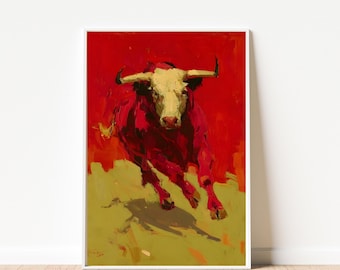 Running Bull Oil Painting Print | Red Spanish Wall Art | Vintage Matador Decor | Maximalist Animal Poster | Digital Download