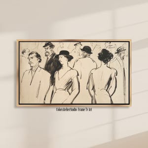 May include: A framed monochrome sketch depicting a group of figures, some in hats and coats. The artwork has a vintage feel, with visible brushstrokes and a neutral colour palette. The text "ColorsAtelierStudio Frame Tv Art" is at the bottom.