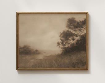 Vintage Sepia Landscape Print, Misty Trees Wall Art, Antique Monochromatic Nature Poster, Moody Rustic Farmhouse Decor, Digital Download