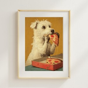 May include: A framed print showing a white dog enjoying a slice of pizza. The dog is painted with a surprised expression, holding the pizza slice. A red pizza box is in the foreground, with another slice of pizza inside.