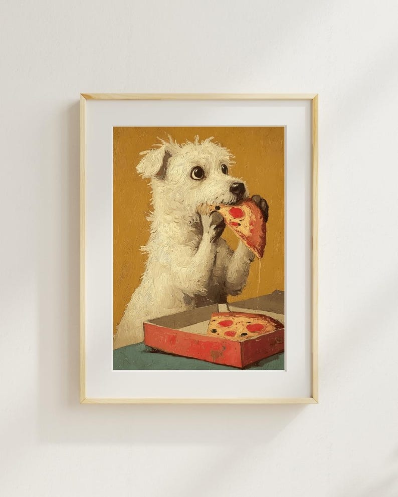 May include: A framed print showing a white dog enjoying a slice of pizza. The dog is painted with a surprised expression, holding the pizza slice. A red pizza box is in the foreground, with another slice of pizza inside.