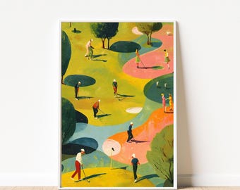 Tiny Vintage Golfers Print, Minimalist Pastel Golf Wall Art, Retro Sports Decor, Gift for Golfer Dad, Abstract Green Digital Download