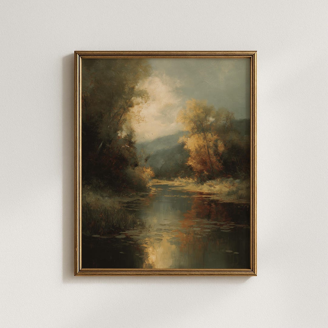 Vintage Autumn Landscape Print, Moody Rustic Lake Wall Art, Golden Hour ...